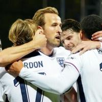 Harry Kane (C) scored twice as England won 5-0 in Latvia to clinch qualification for next year's World Cup