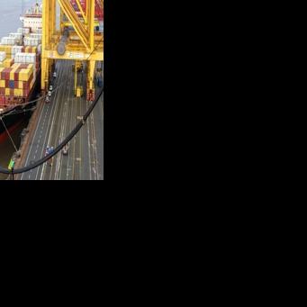 A container ship at the German port of Bremerhaven