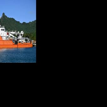 The research ship MV Anuanua Moana is pictured at a port in Rarotonga, Cook Islands, during an expedition to far-flung South Pacific waters in June 2025, spearheading efforts to dredge the tropical waters for industrial deep-sea mining.