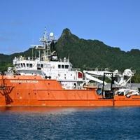 The research ship MV Anuanua Moana is pictured at a port in Rarotonga, Cook Islands, during an expedition to far-flung South Pacific waters in June 2025, spearheading efforts to dredge the tropical waters for industrial deep-sea mining.