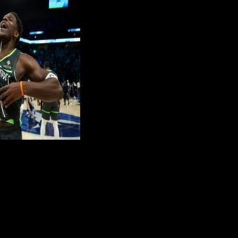Minnesota's Anthony Edwards celebrates a Timberwolves' home NBA victory over the San Antonio Spurs