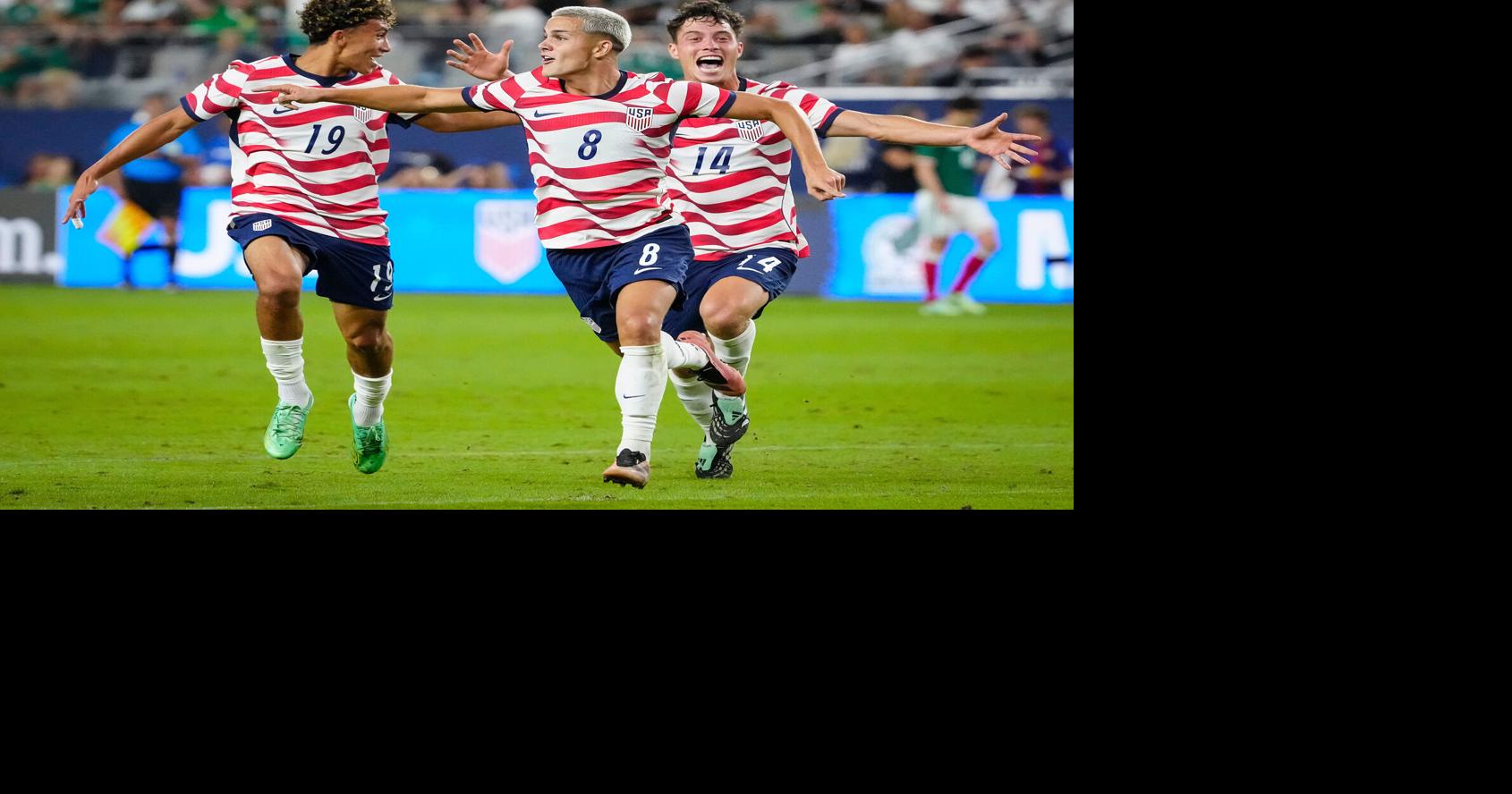 USA forward Cavan Sullivan (8) celebrates his first goal against Mexico ...