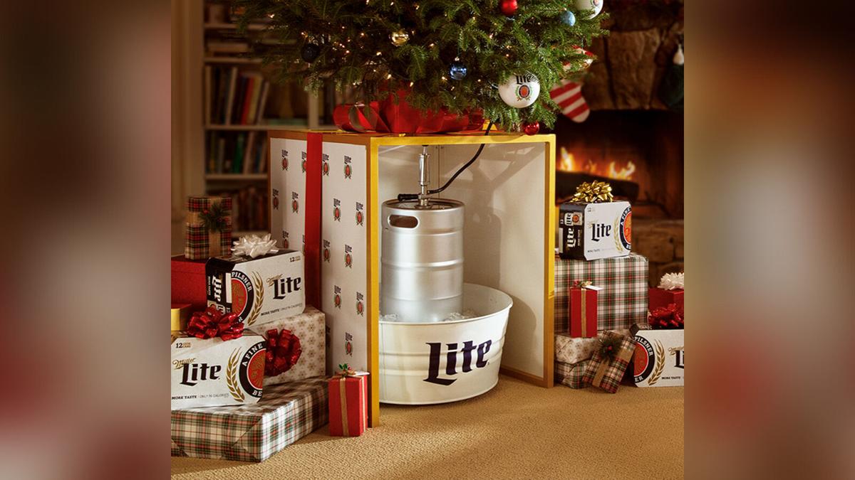 Miller Lite is selling a Christmas tree stand that doubles as a beer keg