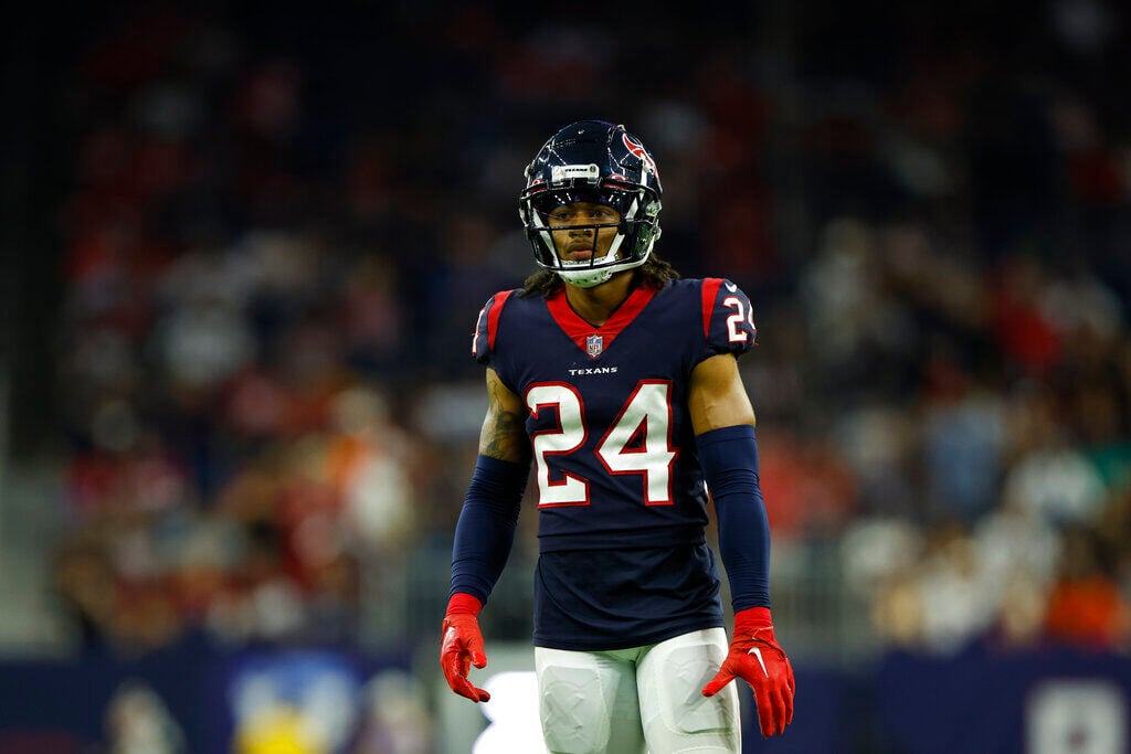 Los Angeles Chargers defensive back J.C. Jackson (27) lines up for the snap  during an NFL football game against the Houston Texans on Sunday, October  2, 2022, in Houston. (AP Photo/Matt Patterson