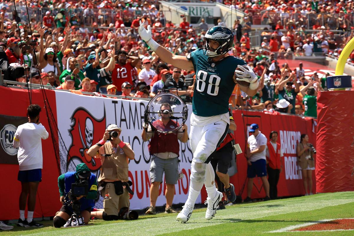 Dallas Goedert of the Philadelphia Eagles celebrates a touchdown against the Tampa Bay Buccaneers during the second quarter in the game at Raymond James Stadium on Sunday, Sept. 28, 2025, in Tampa, Florida.
