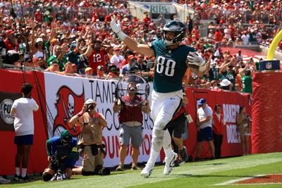Dallas Goedert of the Philadelphia Eagles celebrates a touchdown against the Tampa Bay Buccaneers during the second quarter in the game at Raymond James Stadium on Sunday, Sept. 28, 2025, in Tampa, Florida.