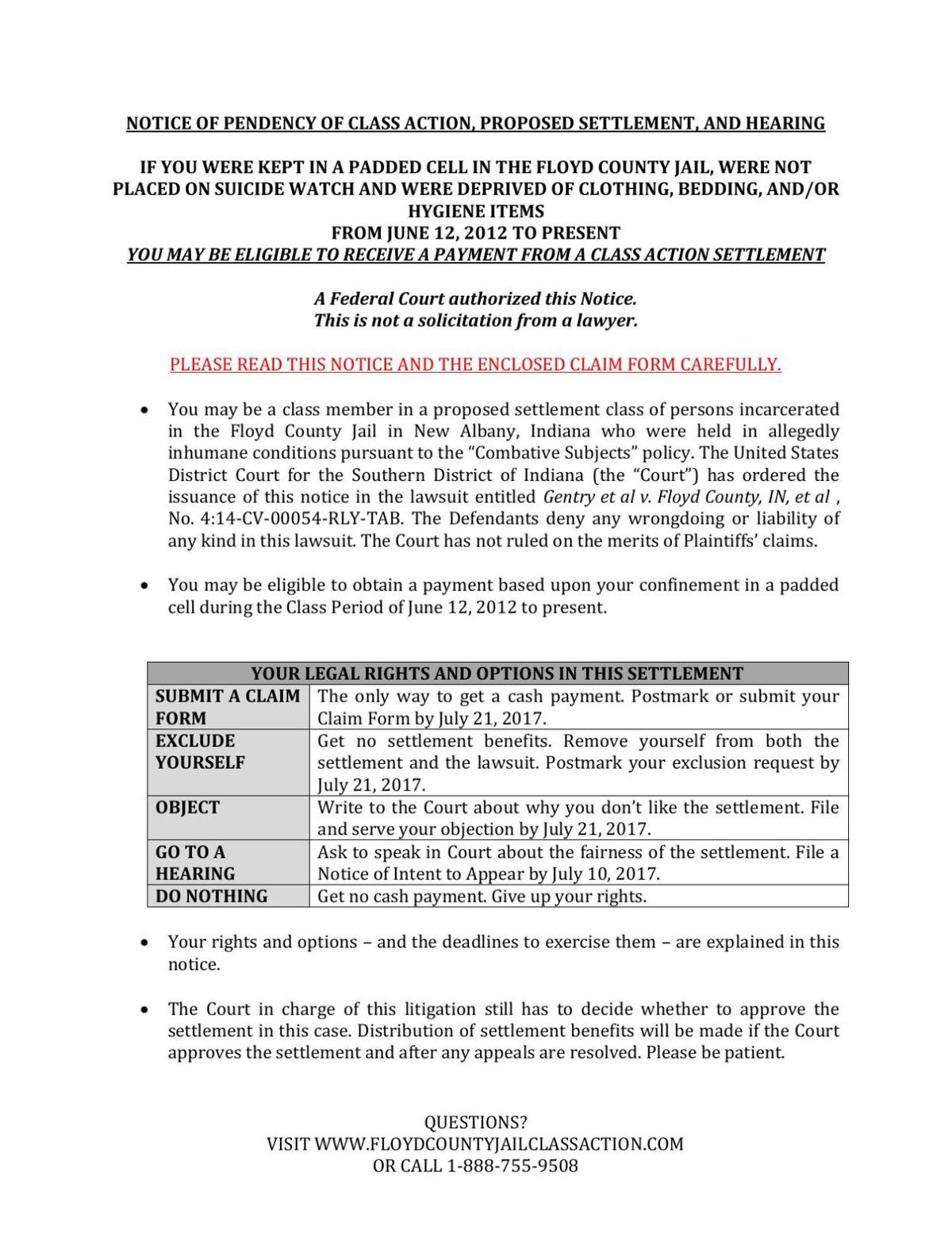 Detailed Notice of Settlement newsandtribune com