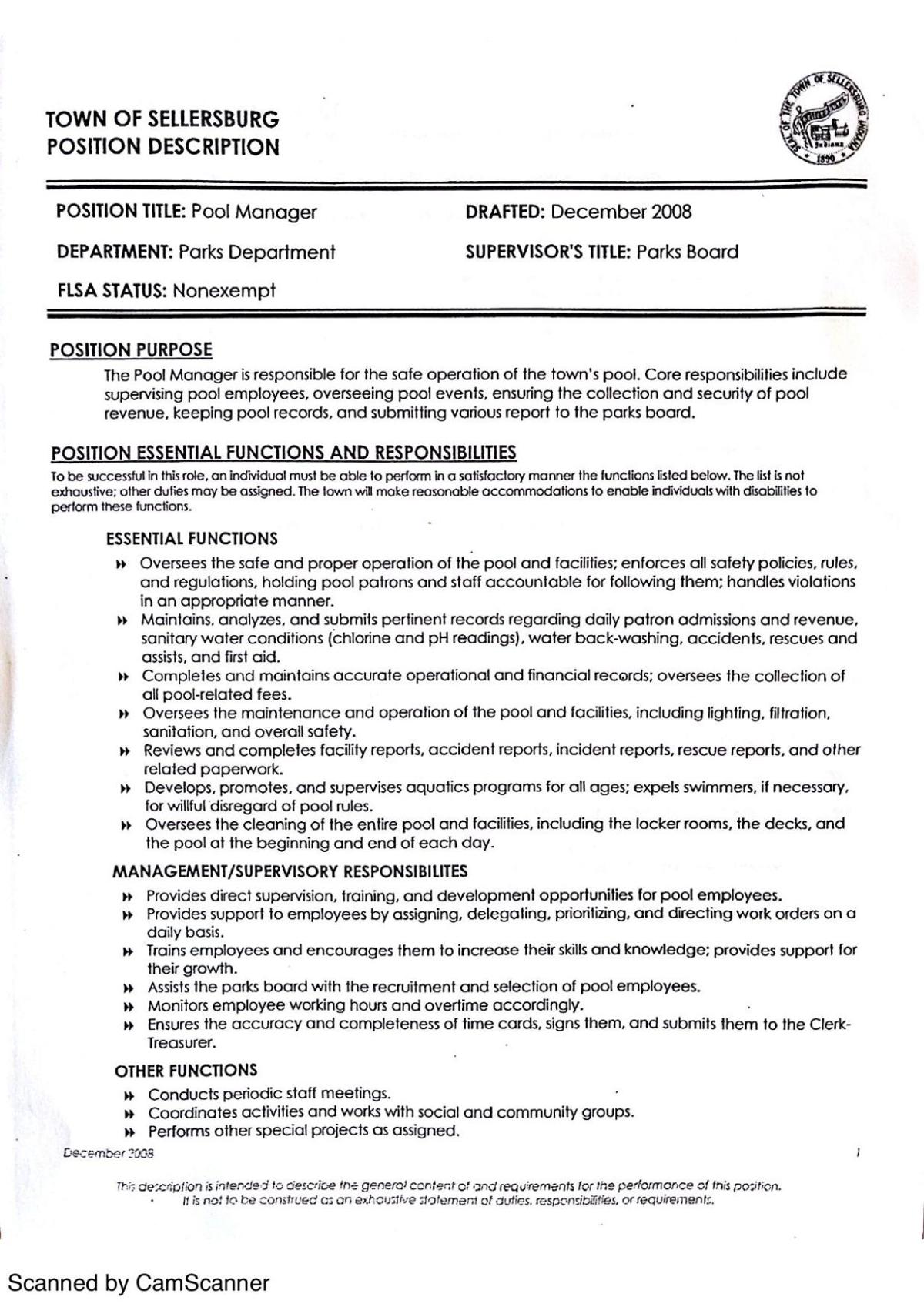 Job description for Sellersburg Pool Manager News