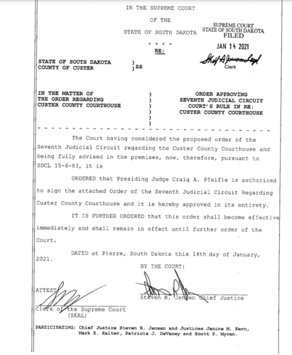 Pfeifle has SD Supreme Court support in Custer County Courthouse order