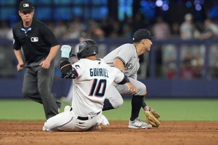 Miami Marlins' Yuli Gurriel looks on during the fourth inning in