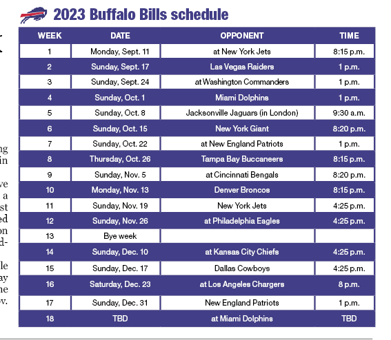 buffalo bills schedule this week