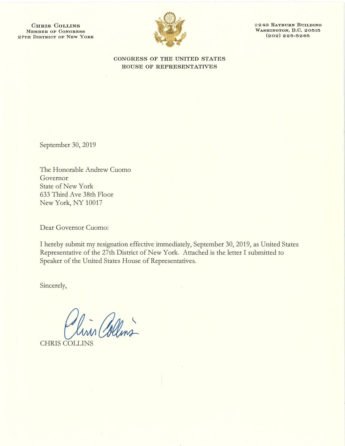 U.S. Rep. Chris Collins resigns | Local News | niagara ...