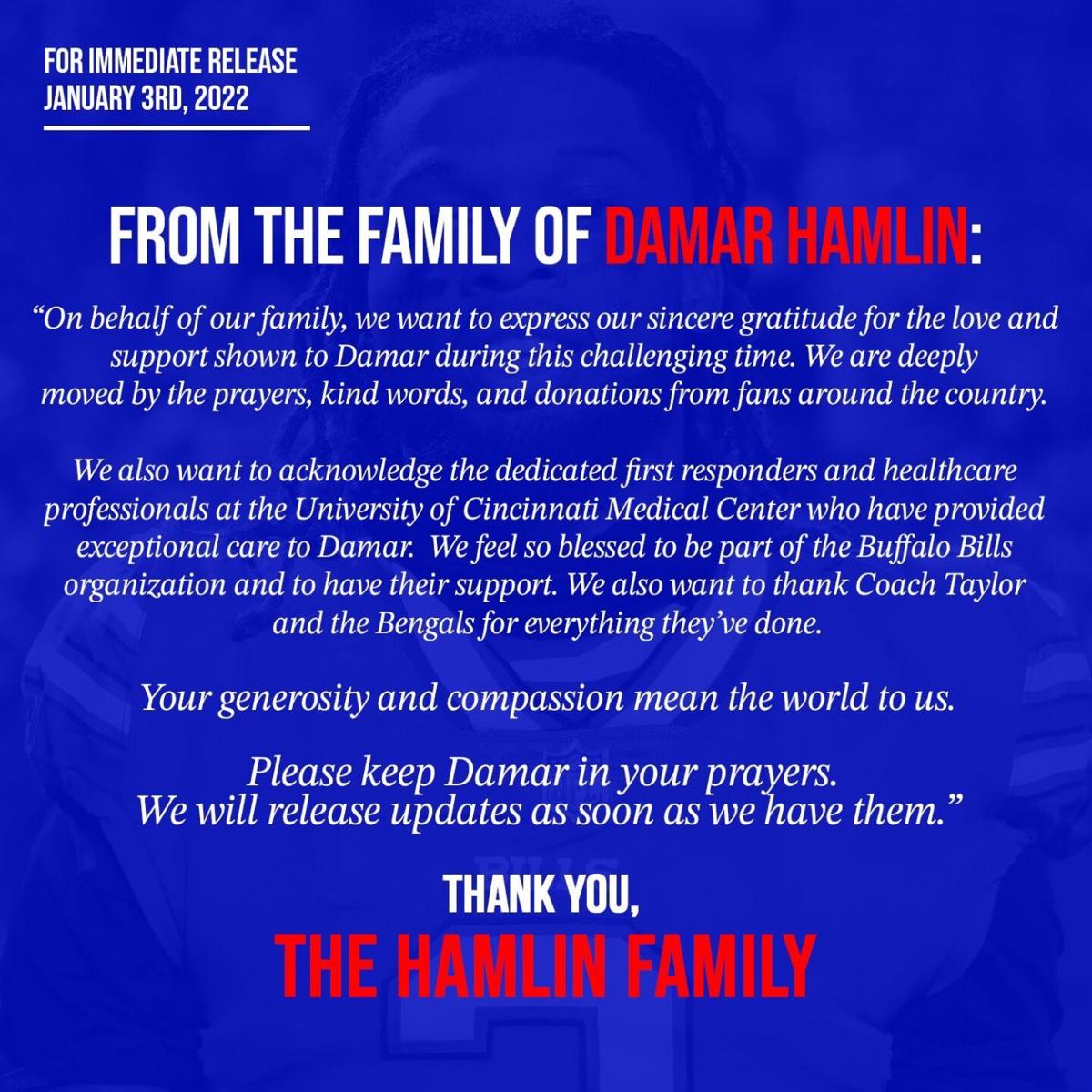Bills safety Damar Hamlin still in critical condition, family