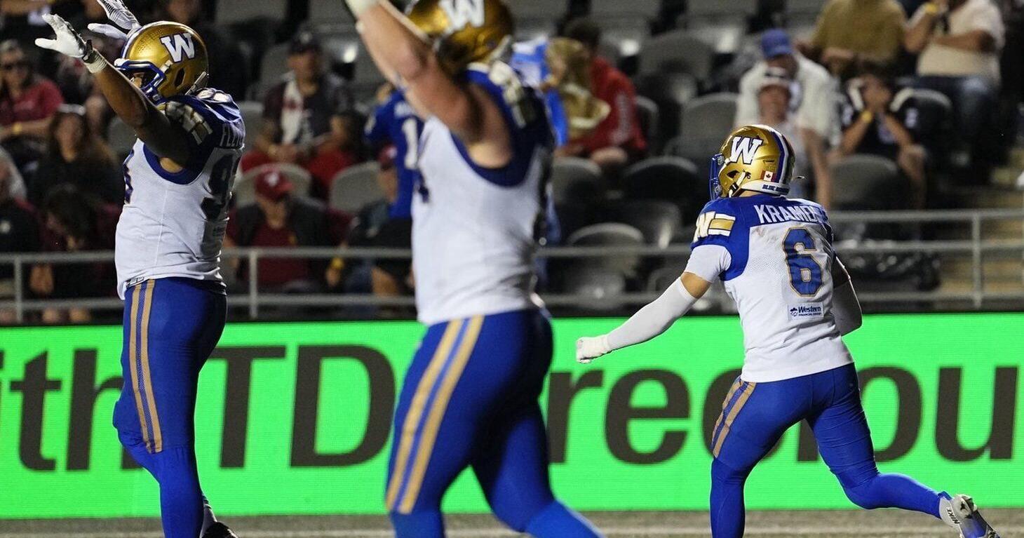 Blue Bombers rally to beat winless Redblacks 36 - 34 in overtime