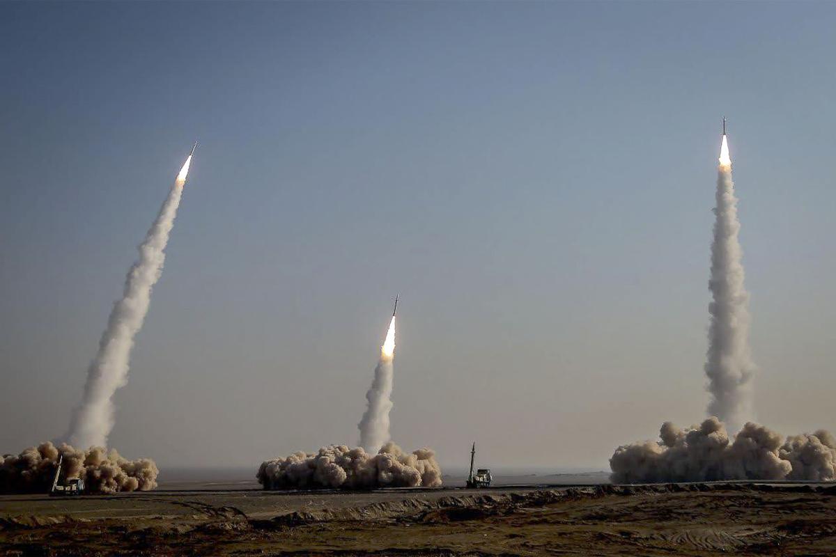 Iran's Revolutionary Guard Corps launches missiles during a military drill in an unknown location in central Iran on Jan. 15, 2021.