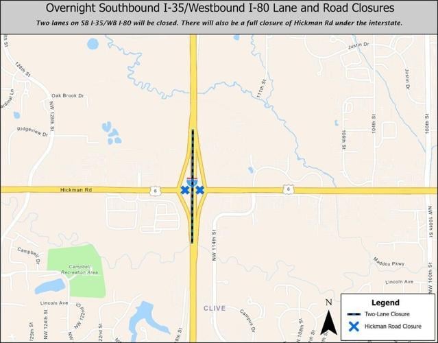 Overnight closures of I-35/80 and Hickman Road scheduled for Aug. 6 and Aug. 9-13