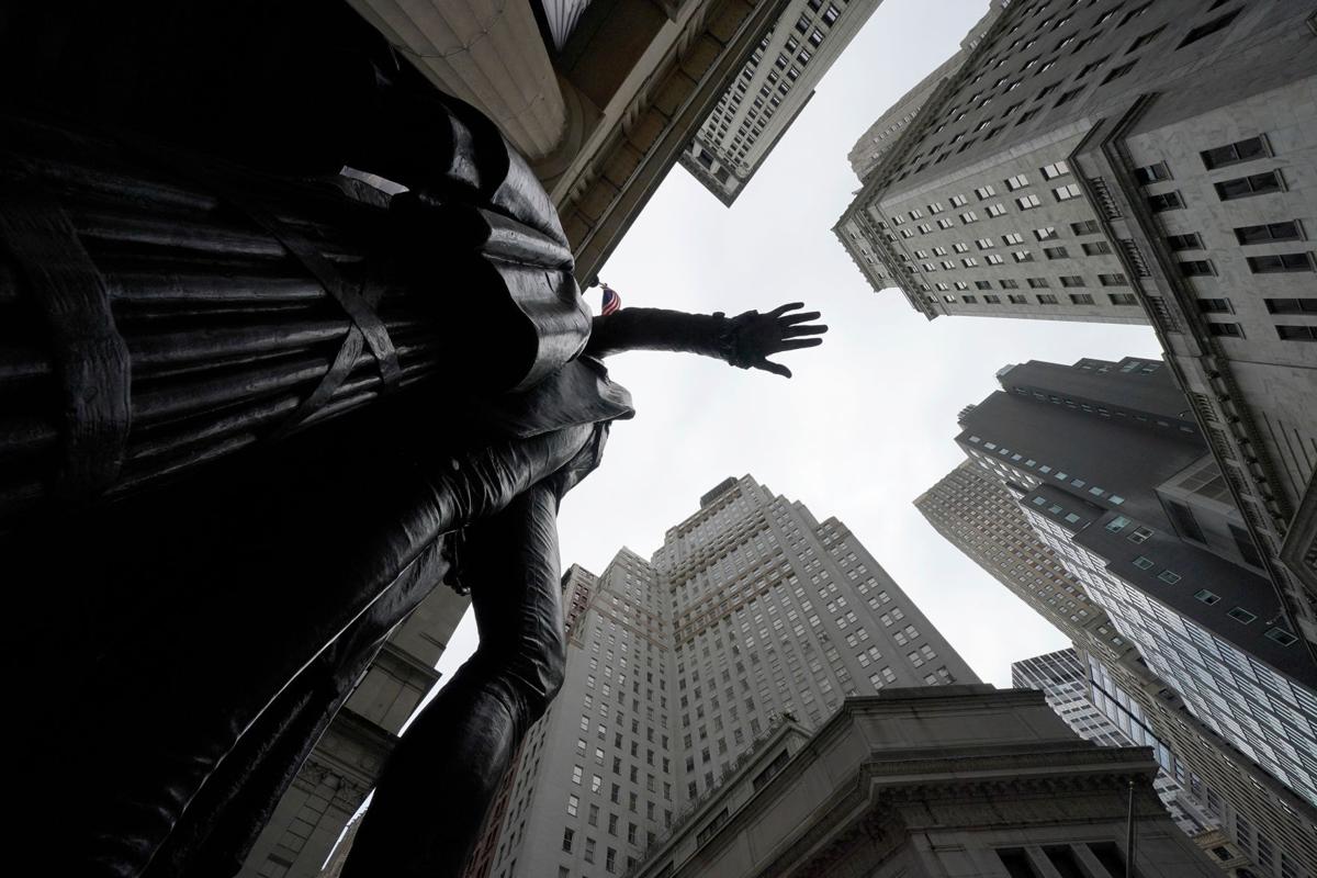 In this photo from January 27, 2021, the George Washington Statue at the Federal Hall National Memorial on Wall Street across the New York Stock Exchange.