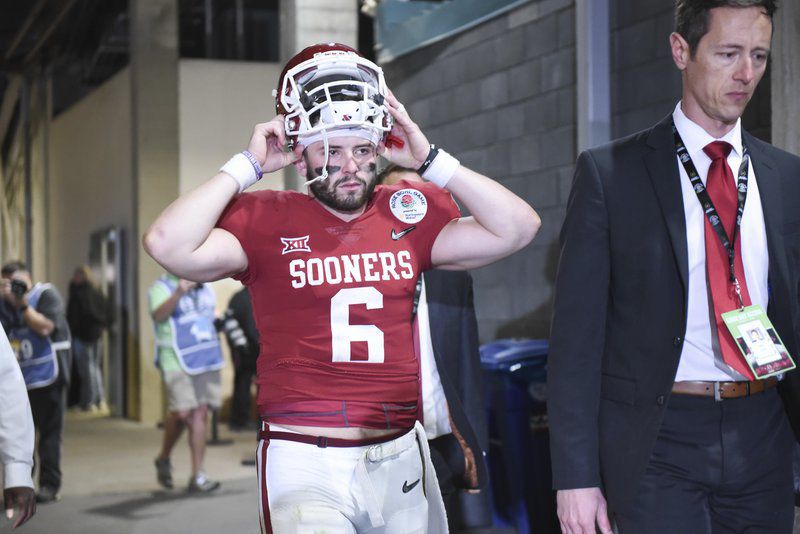 Oklahoma Sooners quarterback Baker Mayfield gives a fist pump during game  against the Georgia Bulldogs at the Rose Bowl in Pasadena, California on  January 1, 2018. Photo by Jon SooHoo/UPI Stock Photo 