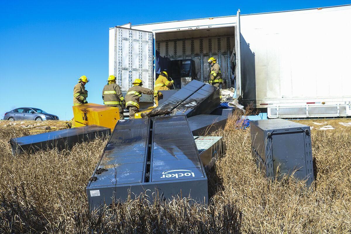 Truck hauling Amazon lockers catches fire east of Overton on I-80