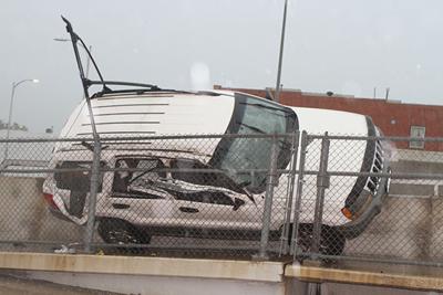 Car gets stuck on viaduct