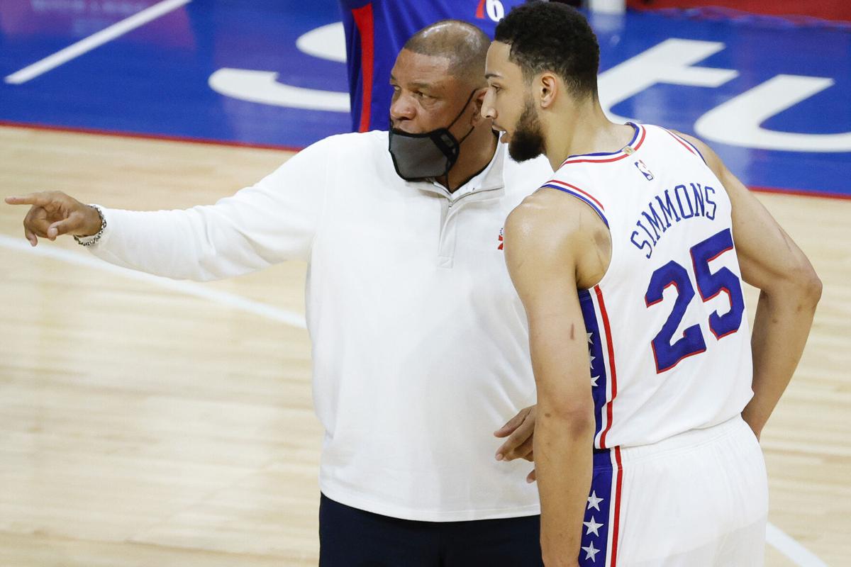 Philadelphia 76 ers head coach Doc Rivers speaks with Ben Simmons during action against the Atlanta Hawks at Wells Fargo Center on April 28, 2021 in Philadelphia.