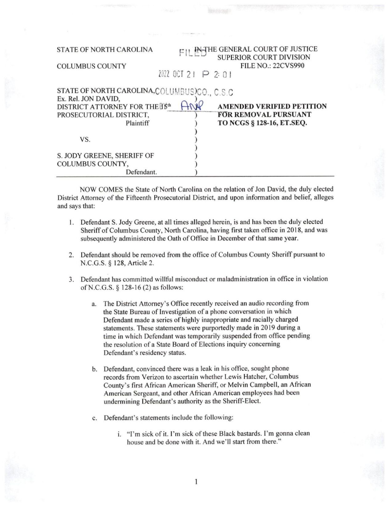 Amended Verified Petition for Removal Pursuant to NCGS § 128-16, ET.SEQ ...