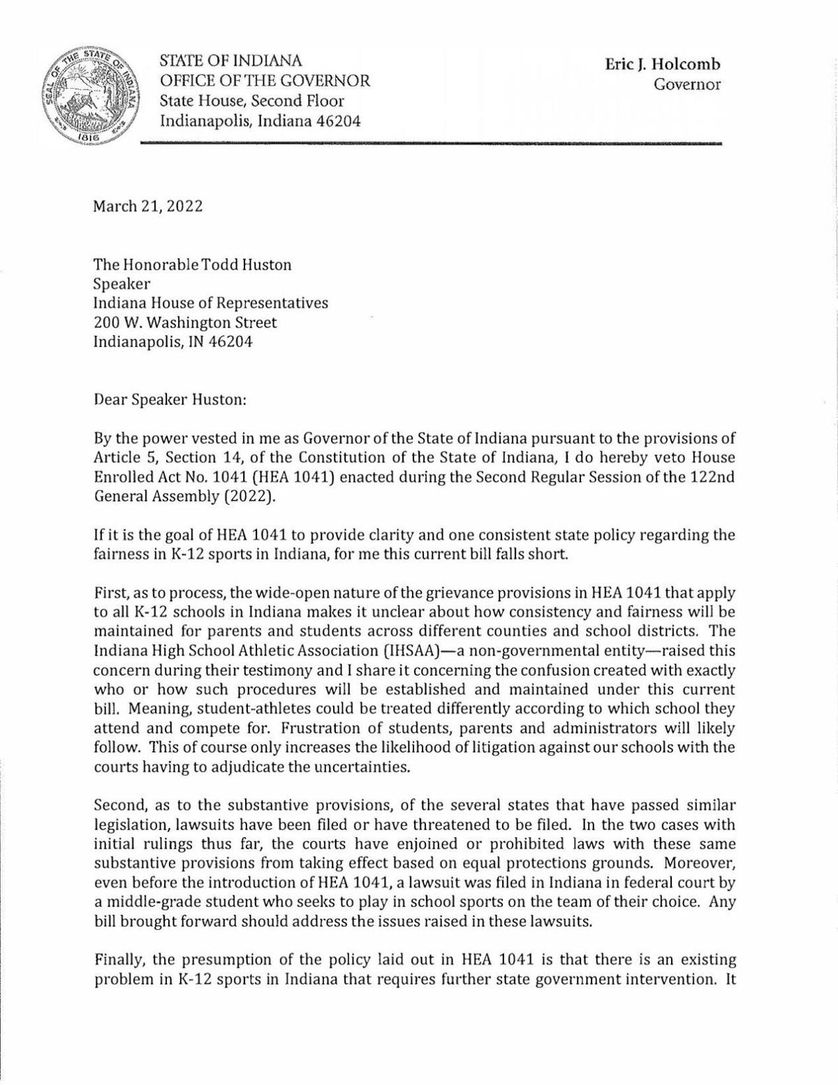 Gov. Holcomb veto message on House Enrolled Act 1041