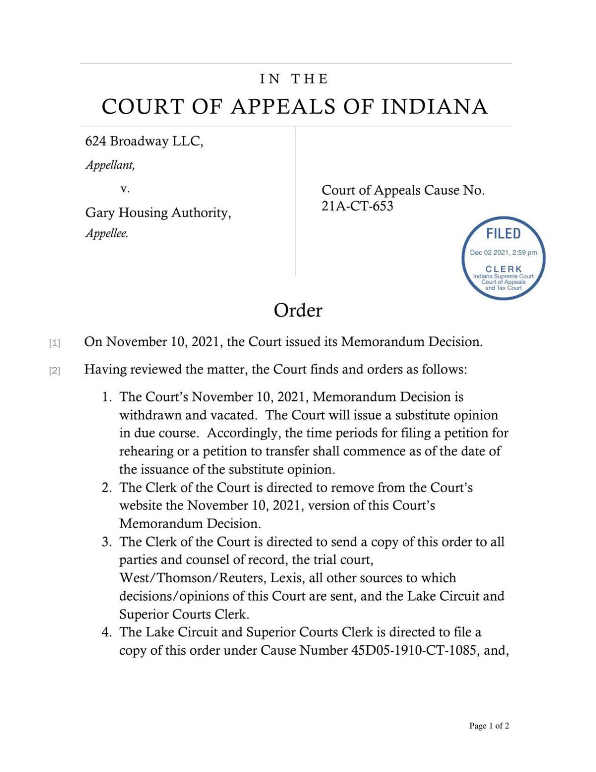 Indiana Court of Appeals order in 624 Broadway v. Gary Housing Authority