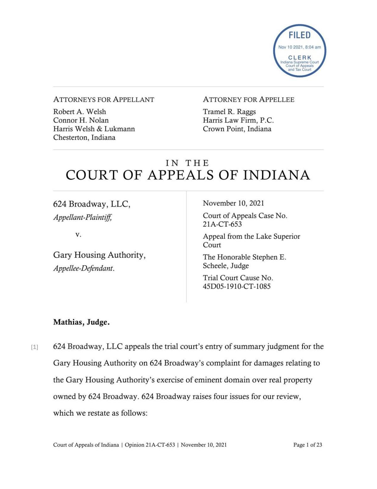624 Broadway LLC v. Gary Housing Authority ruling of Indiana Court of Appeals (withdrawn Dec. 2, 2021)