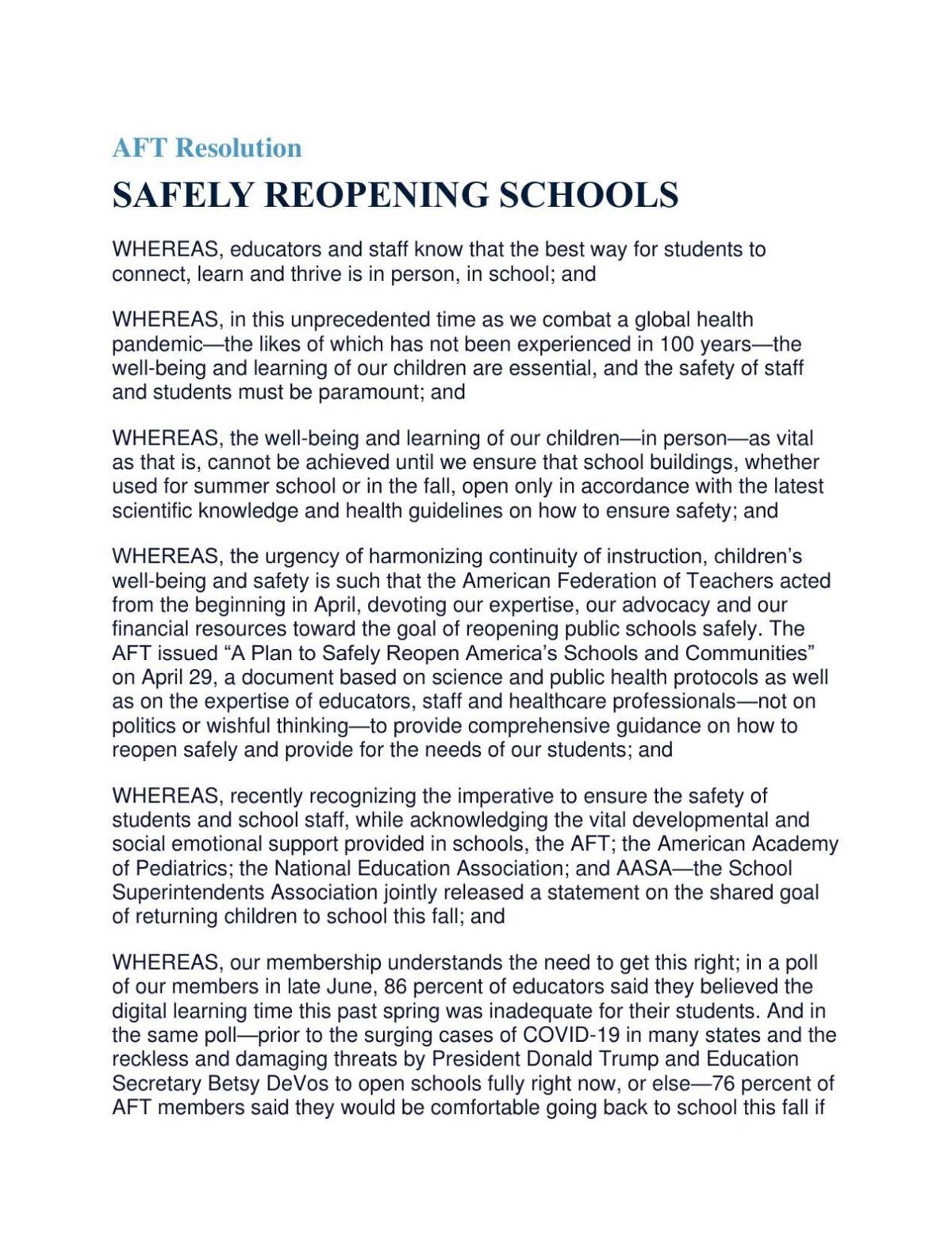 AFT Resolution on Safe School Reopening