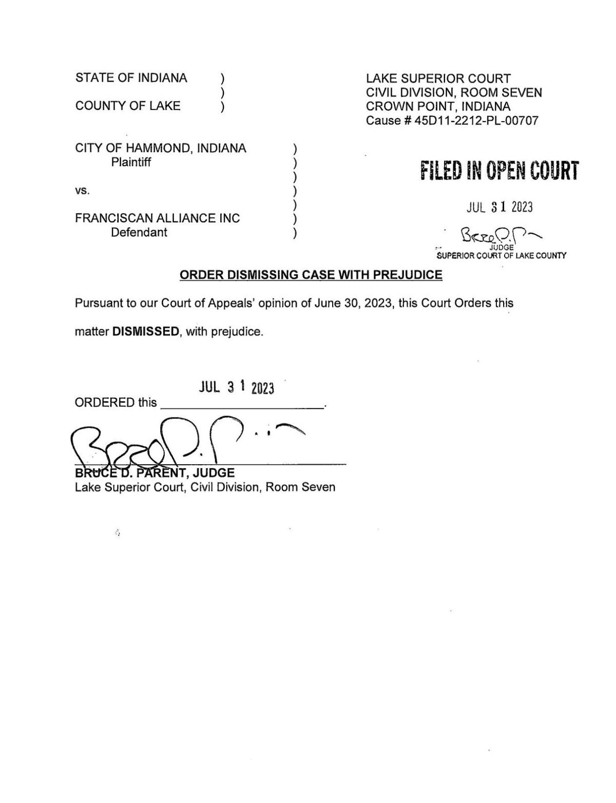 Dismissal order in Hammond v. Franciscan