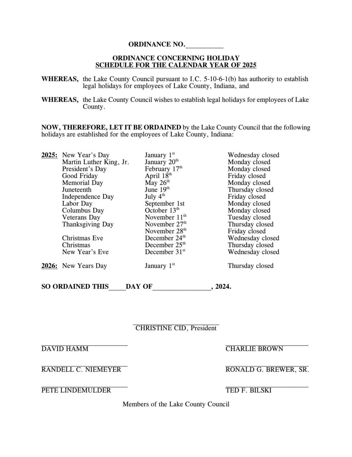 Approved 2025 Lake County holiday calendar