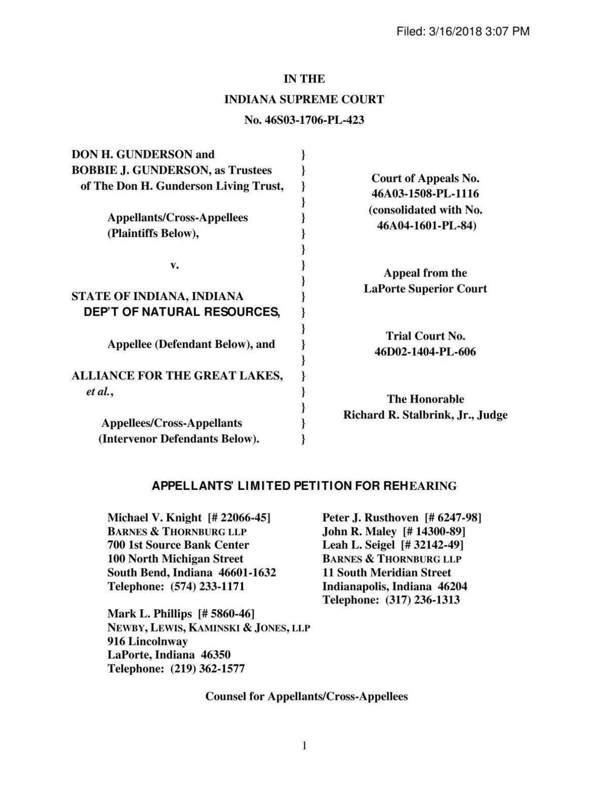 Gunderson v State limited petition for rehearing by Indiana Supreme
