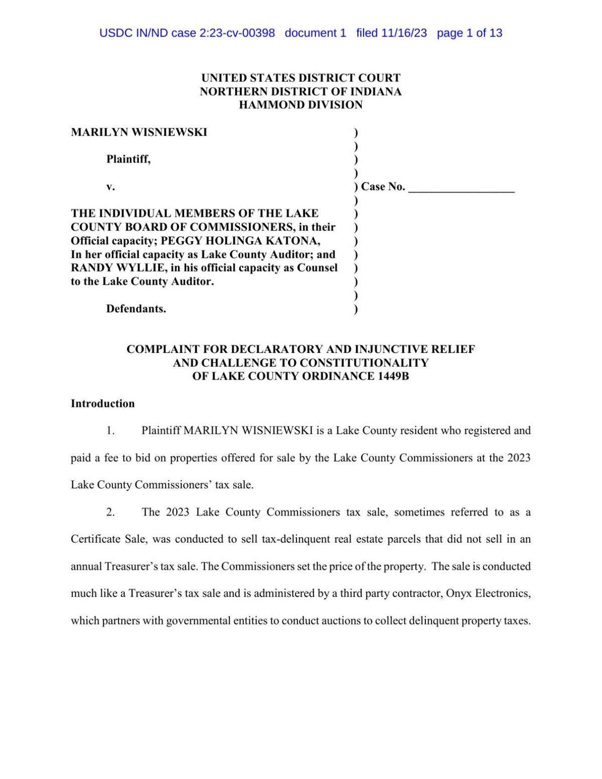 Lake County tax sale rules challenged in federal court