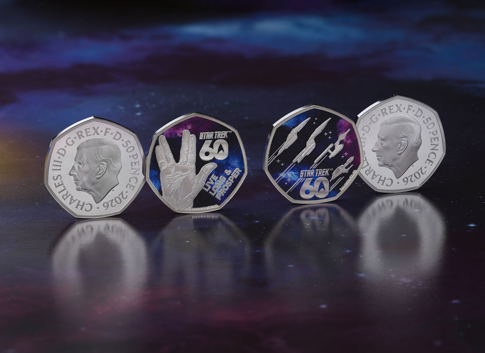 Close up of the Star Trek 50p coins showing intricate design details and silver finish