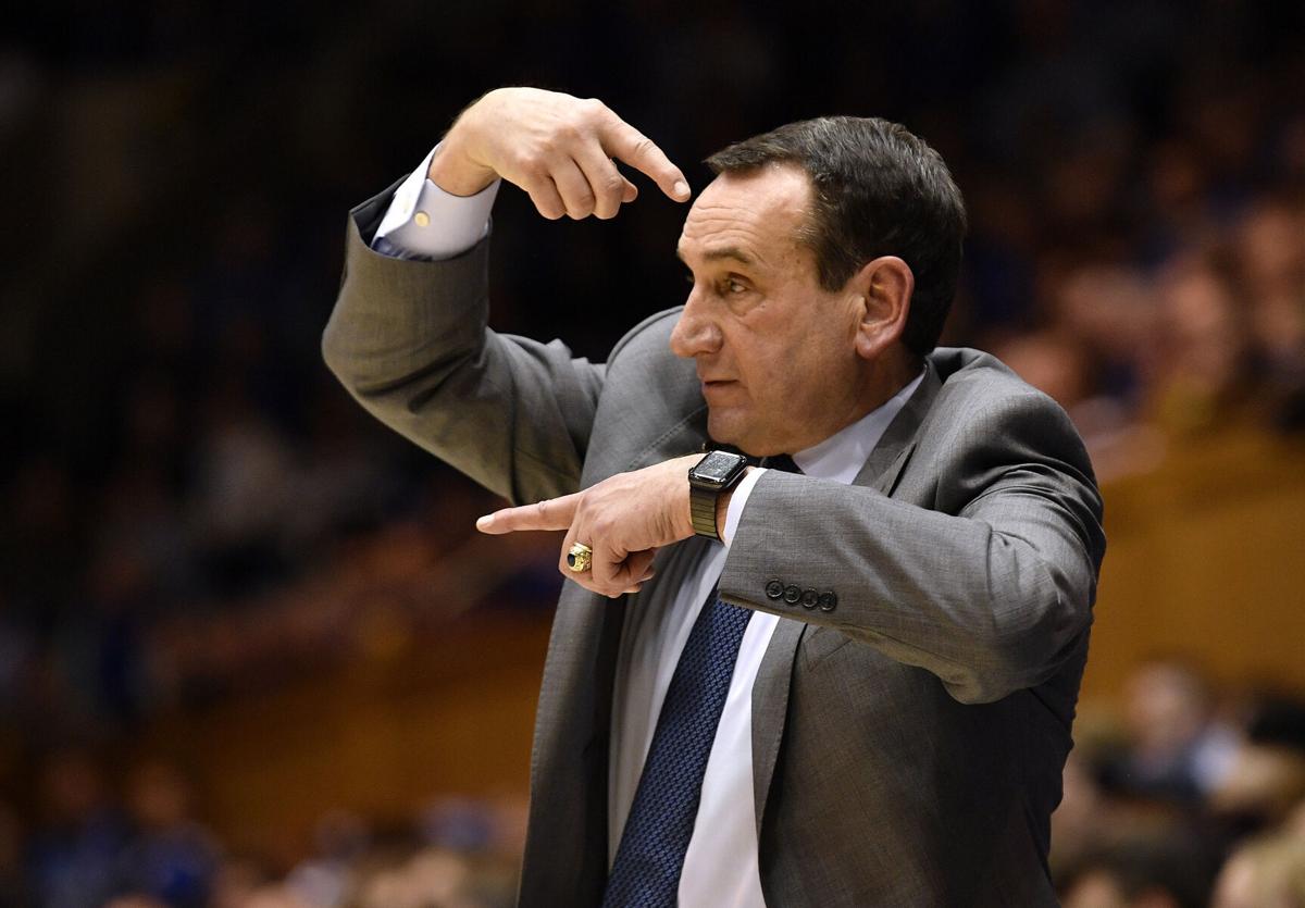 Duke head coach Mike Krzyzewski directs his team against Boston College during a 2019 game at Cameron Indoor Stadium in Durham, North Carolina.