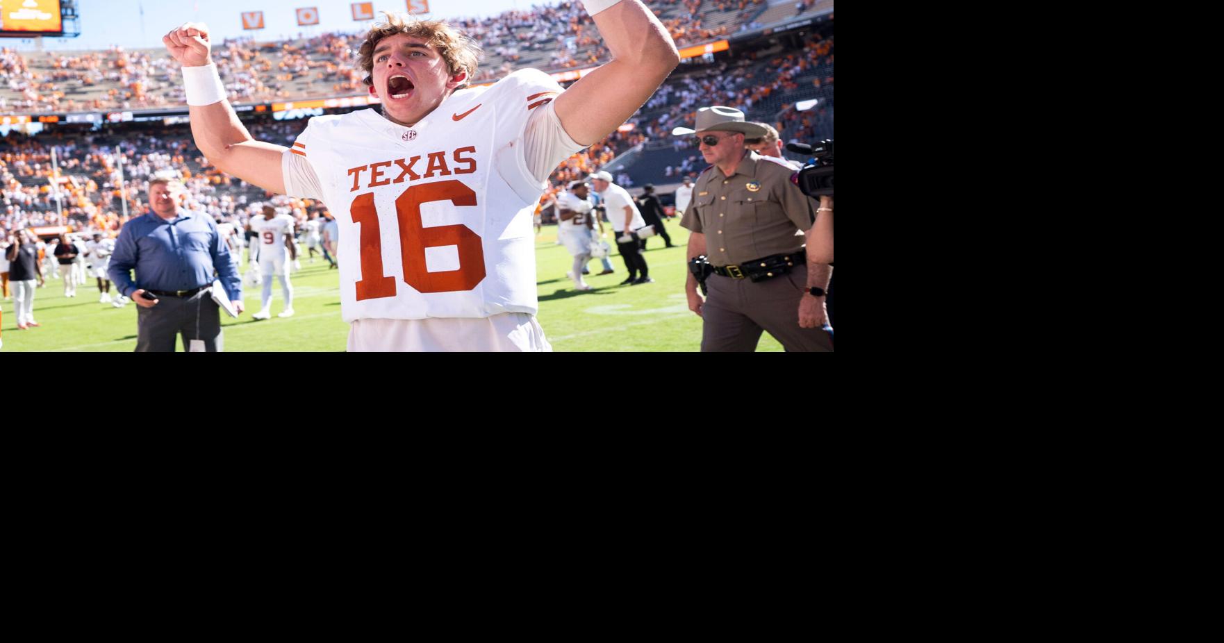 Texas quarterback Arch Manning (16) celebrates after a college footba...