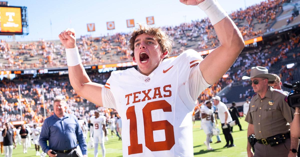 Texas quarterback Arch Manning (16) celebrates after a college footba...