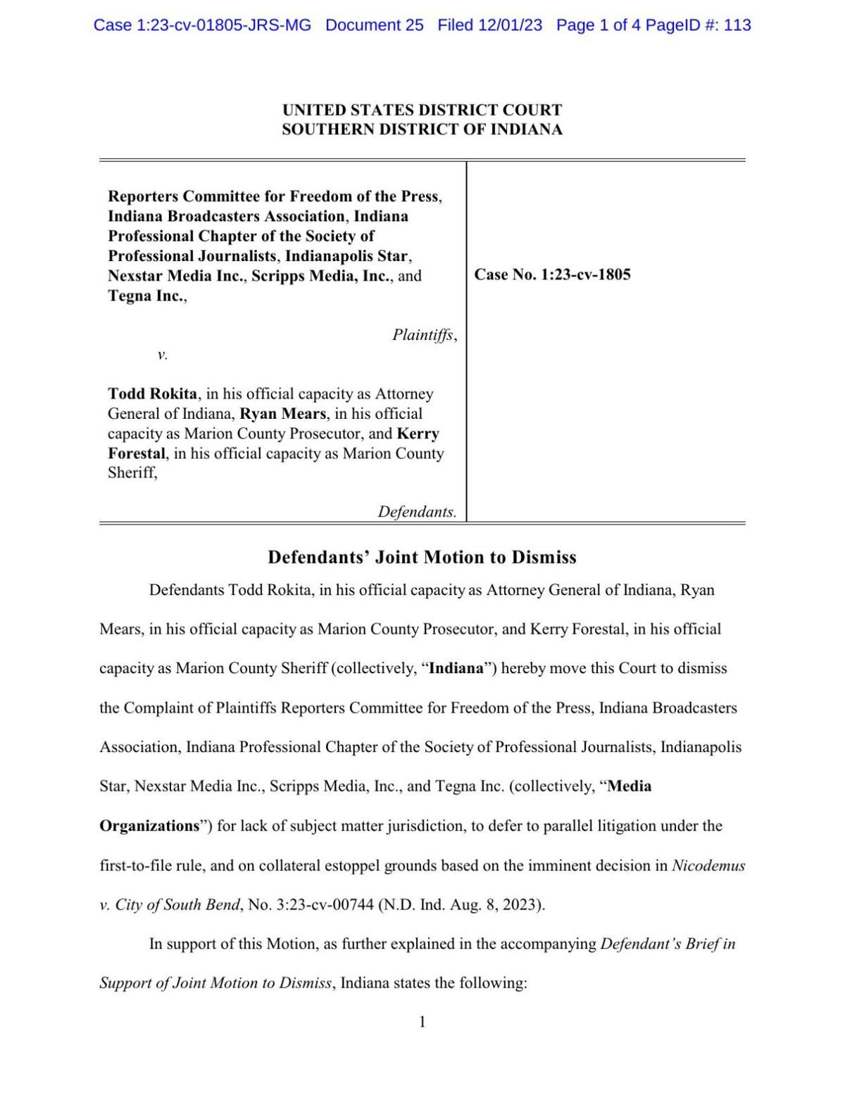 Rokita seeks dismissal of police bystander distance lawsuit