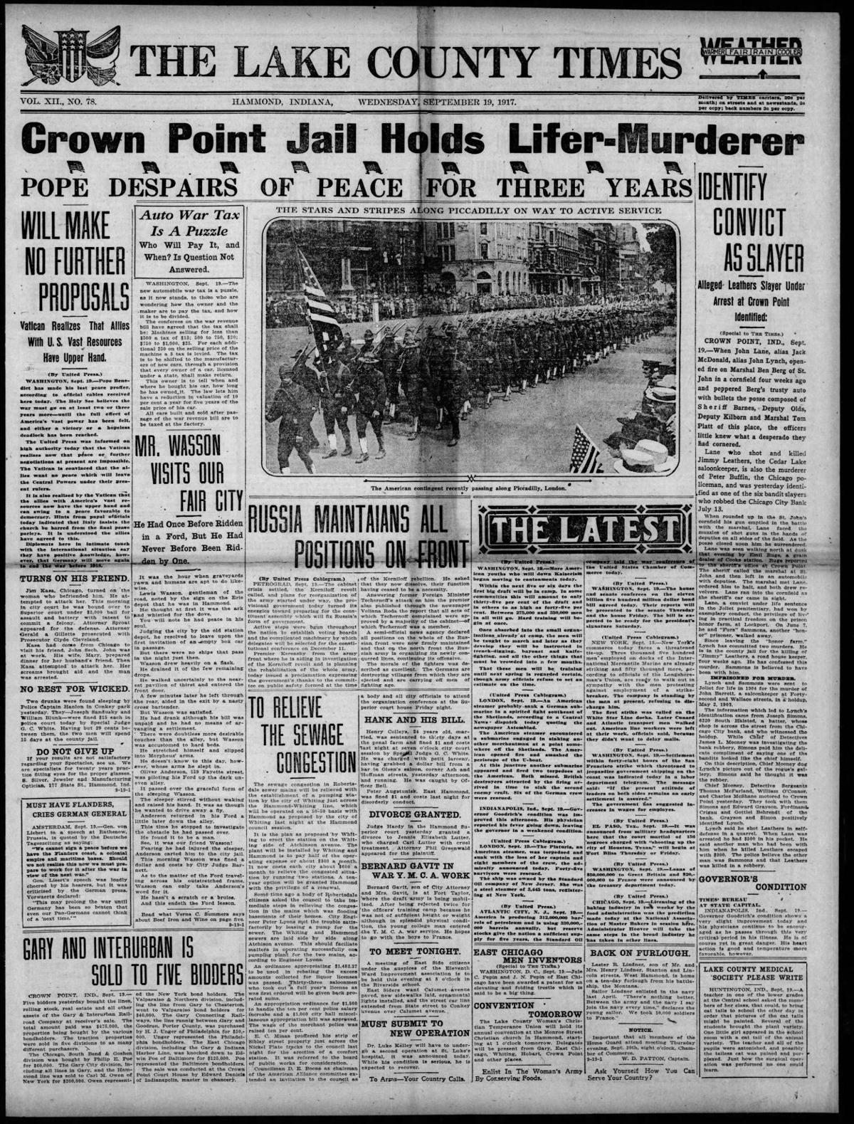 Sept. 19, 1917: Crown Point Jail Holds Lifer-Murderer