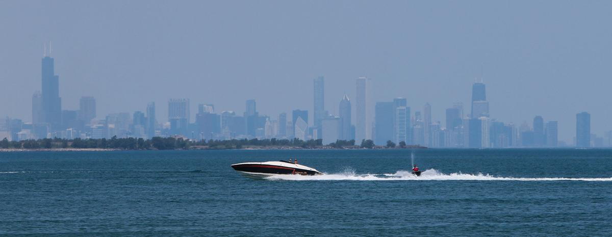 STOCK_Boat on Lake Michigan with Chicago
