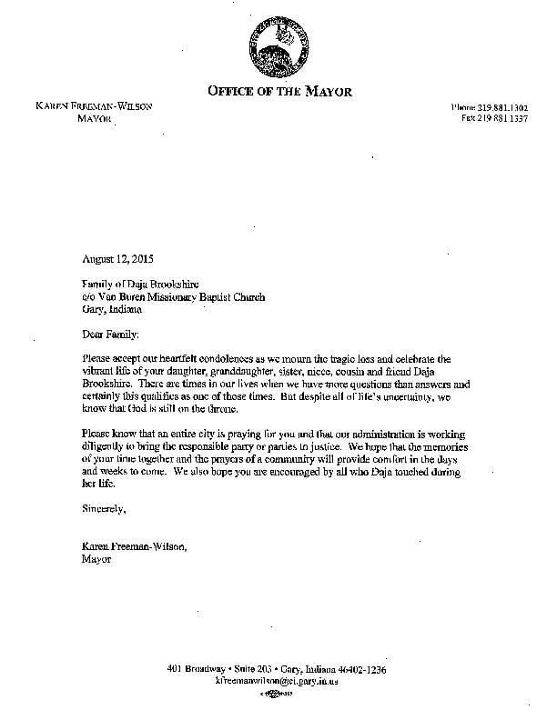 Letter from Mayor Karen Freeman-Wilson