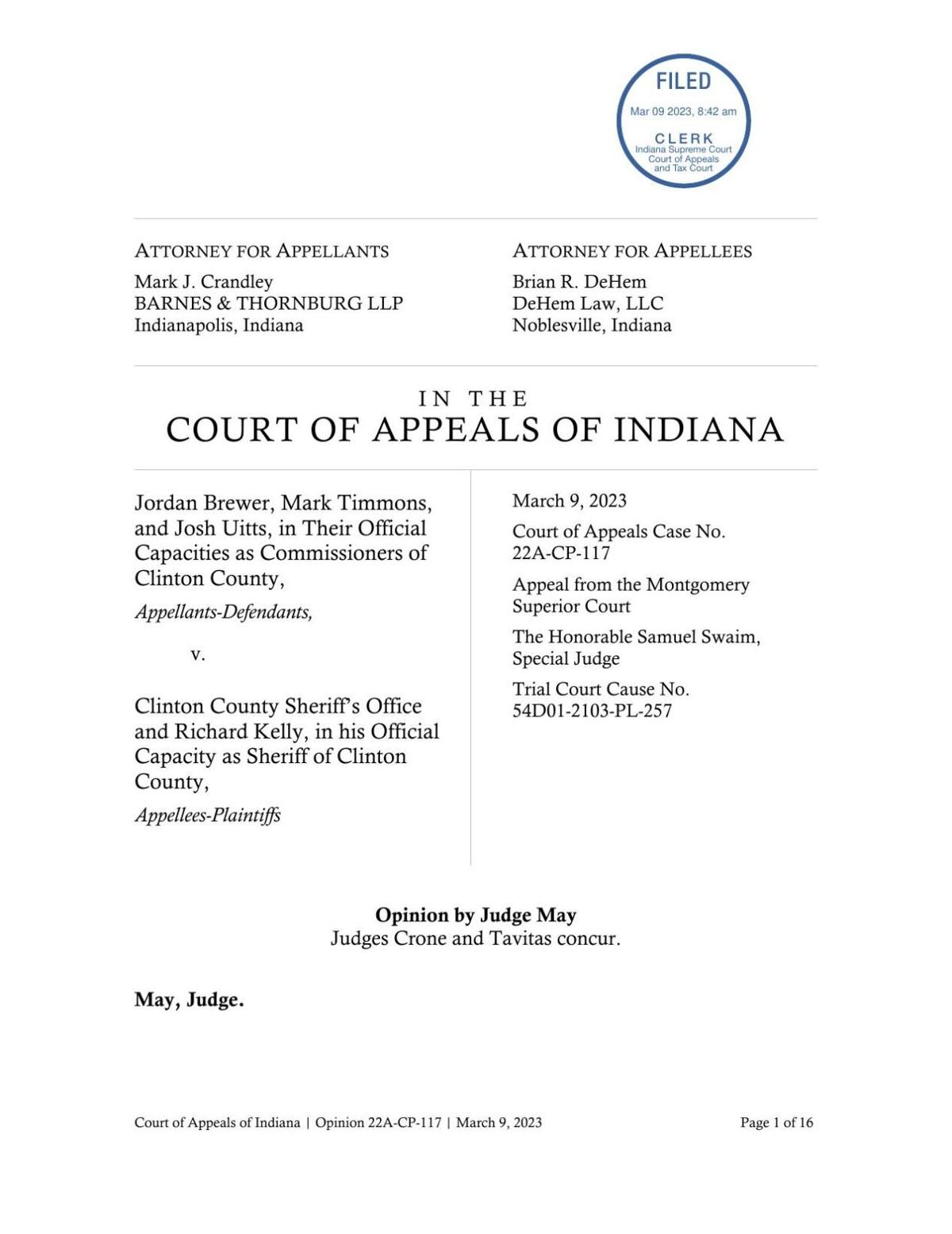Clinton County Commissioners v. Sheriff ruling of Indiana Court of Appeals