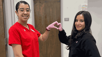 Smiling women wearing t shirts with pink ribbon isolated on pink background. Breast cancer