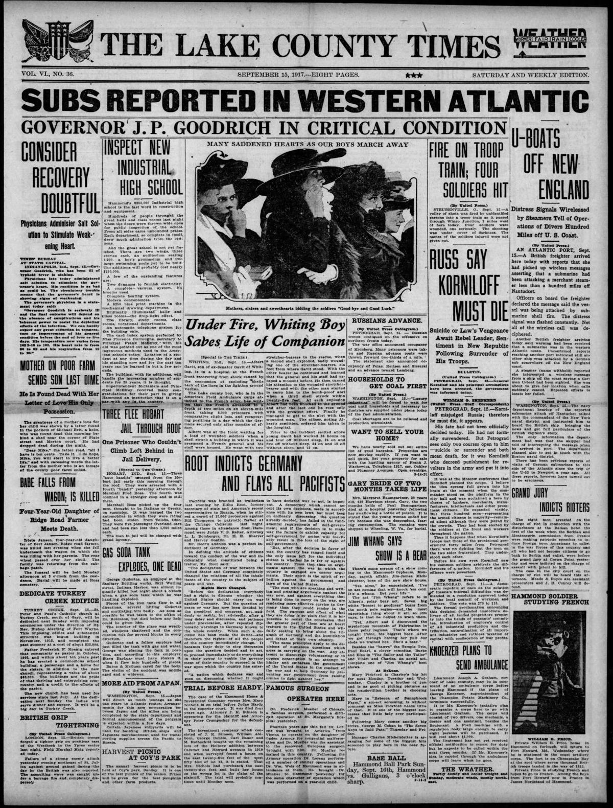 Sept. 15, 1917: Governor J.P. Goodrich in Critical Condition