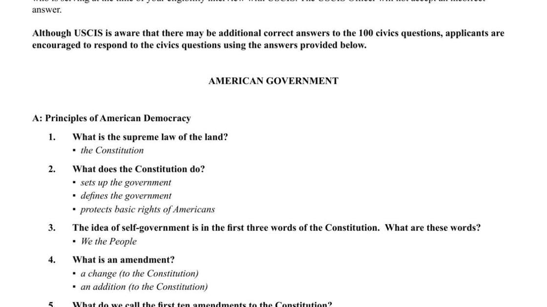 Questions And Answers To The U S Citizenship Test