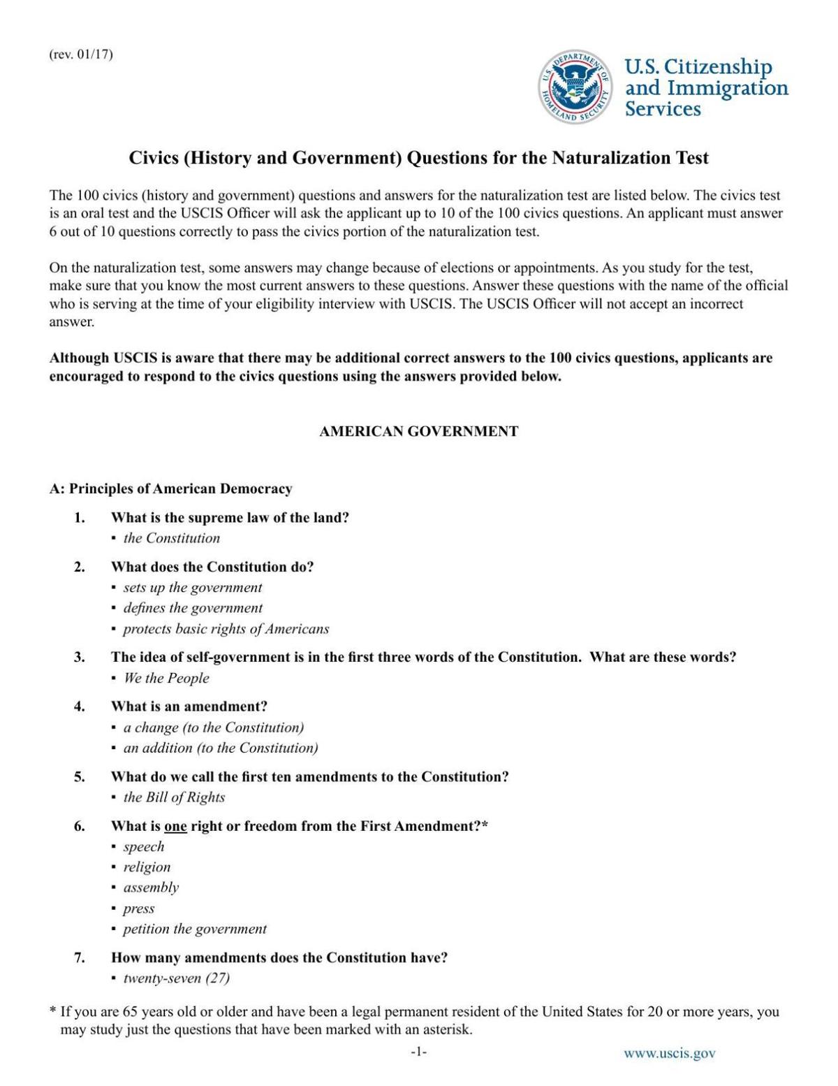 citizenship test questions and answers