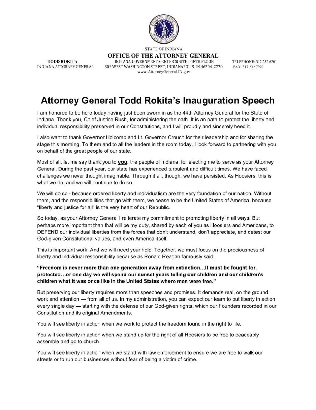 Attorney General Todd Rokita Inaugural Address Nwitimes Com In his inaugural address, us president joe biden said democracy has prevailed and held a moment of silence for victims of coronavirus. nwi times