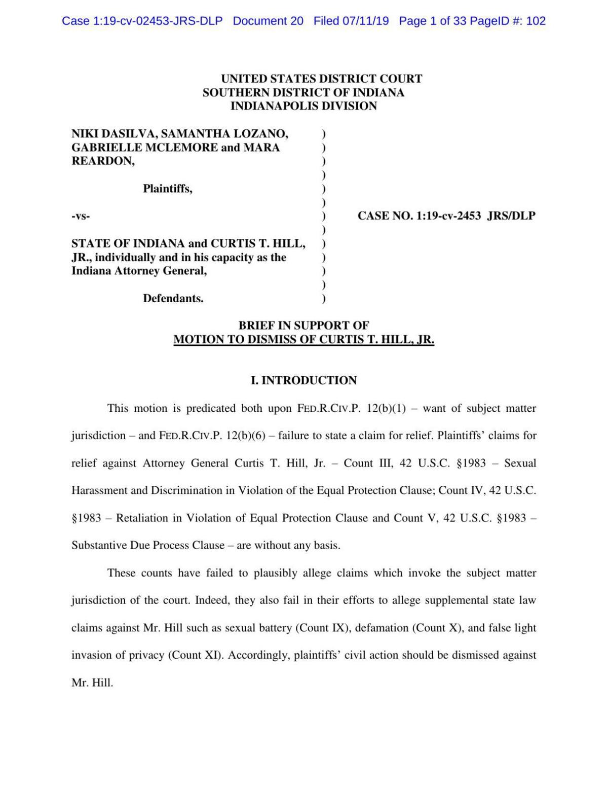 Hill S Motion To Dismiss In Dasilva Et Al V Indiana And Curtis Hill Nwitimes Com