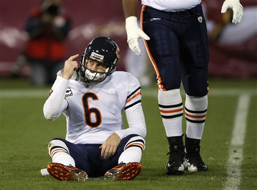 Chicago Bears quarterback Jay Cutler (6) throws before an NFL